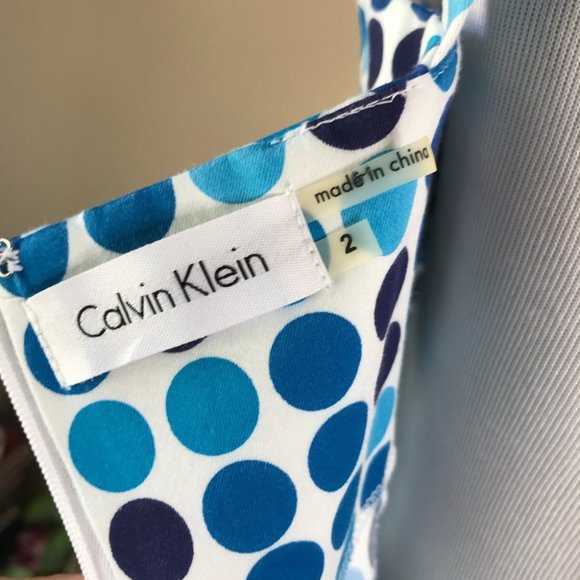 Calvin Klein Blue Polka Dot Fitted Sheath Cocktail Dress - Picture 10 of 12